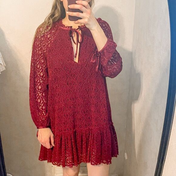 Free People Jenny Trapeze Swing Dress Crochet Lace Red - Picture 11 of 11